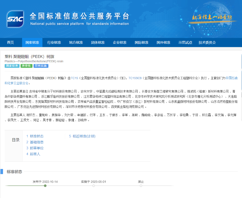 青島中新華美參與制定的“塑料 聚醚醚酮（PEEK）樹脂“國家標(biāo)準(zhǔn)批準(zhǔn)發(fā)布